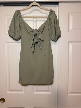 Blue Blush Sage Color Tie-Front Puff Sleeve Mini Dress